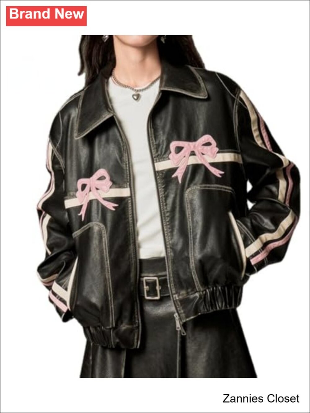 ✨ YELLOOP Faux Leather Bomber Jacket Bow Detail Y2K Vintage Women's